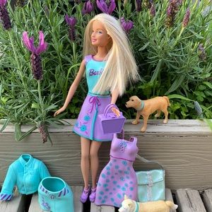 Mattel Barbie Stretch Sensation Rubber Clothes &  2 Pet Bobbin Head Bow-Wow Dogs